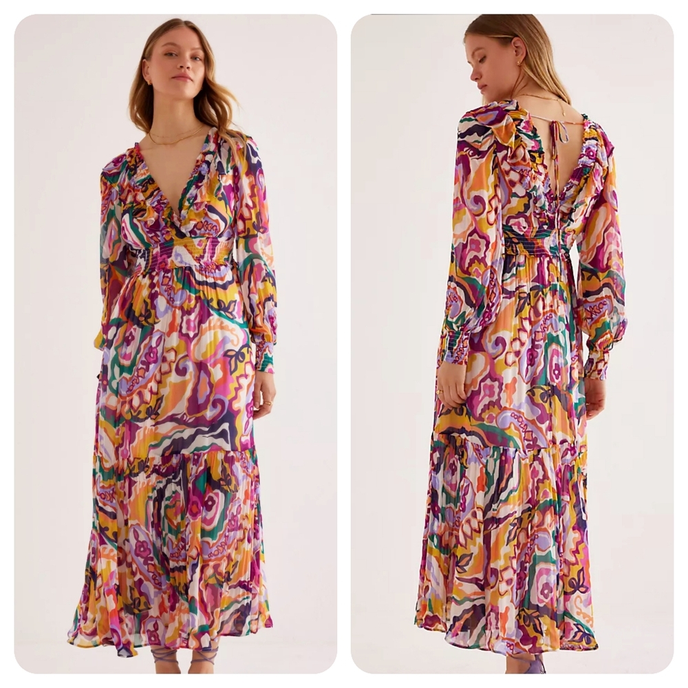 Anthropologie Odetta Ruffled V-Neck Long Sleeve Maxi Dress Multicolor XL